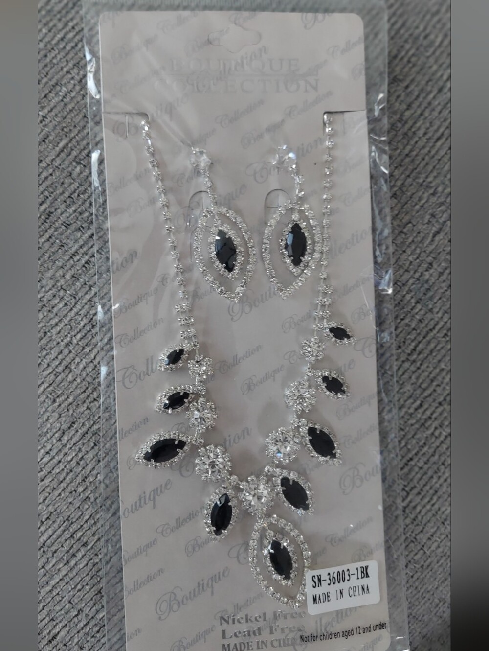 Silver-Tone Necklace and Earring Set with Black Stones -